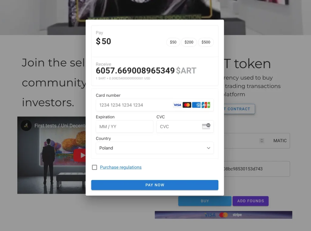 Art Token buy VISA MASTERCARD. Dynamic Growth of Decentral ART Token