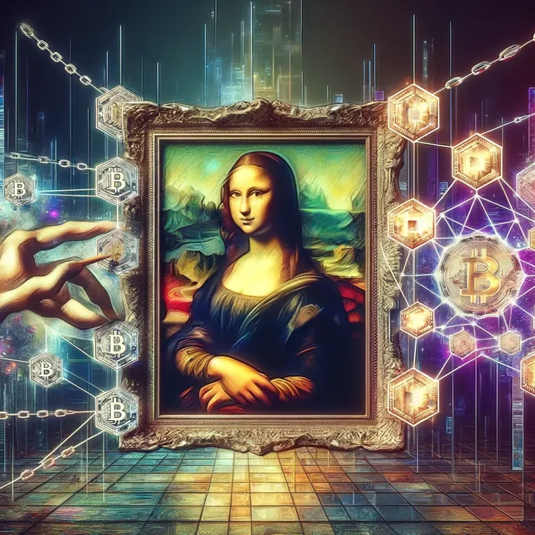 visualizes the concept of tokenization of works of art, integrating elements of blockchain technology and art. This is a digital collage